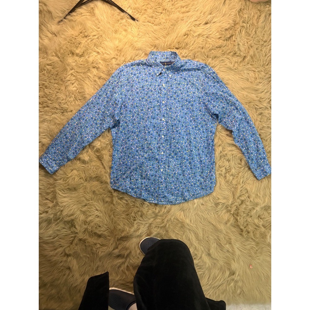 Ralph Lauren Mens XL Blue Floral Cotton Long Sleeve Button Down Shirt